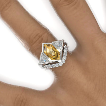 3 Carat Hexagon Genuine Yellow Citrine Halo 14K White Gold  Engagement Ring, Eternity Ring Set Model 908-12x6