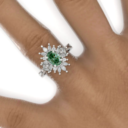 2 Carat Oval Green Moissanite Halo Engagement Ring Model 1129-9x7