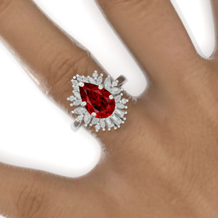 3 Carat Pear Cut Ruby Halo Gold Engagement Ring