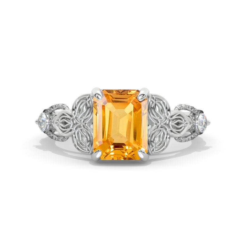 3 Carat Emerald Cut  ''Queen of the North'' Gothic Genuine Yellow Citrine Engagement Ring Model 1143