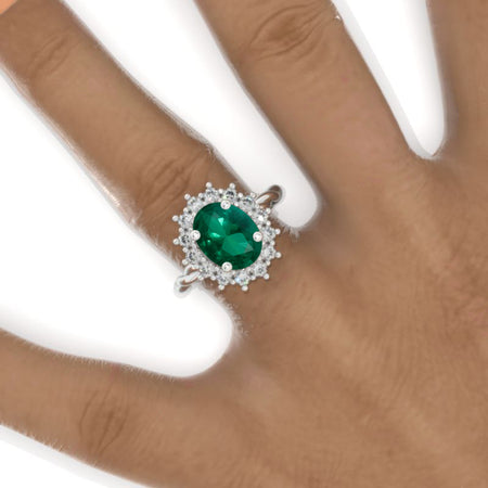 3 CT Oval Halo Emerald Vintage Wedding Ring. 14K Solid Gold Engagement Ring Anniversary Ring, Baguette Double Halo Ring Model 839-10x8
