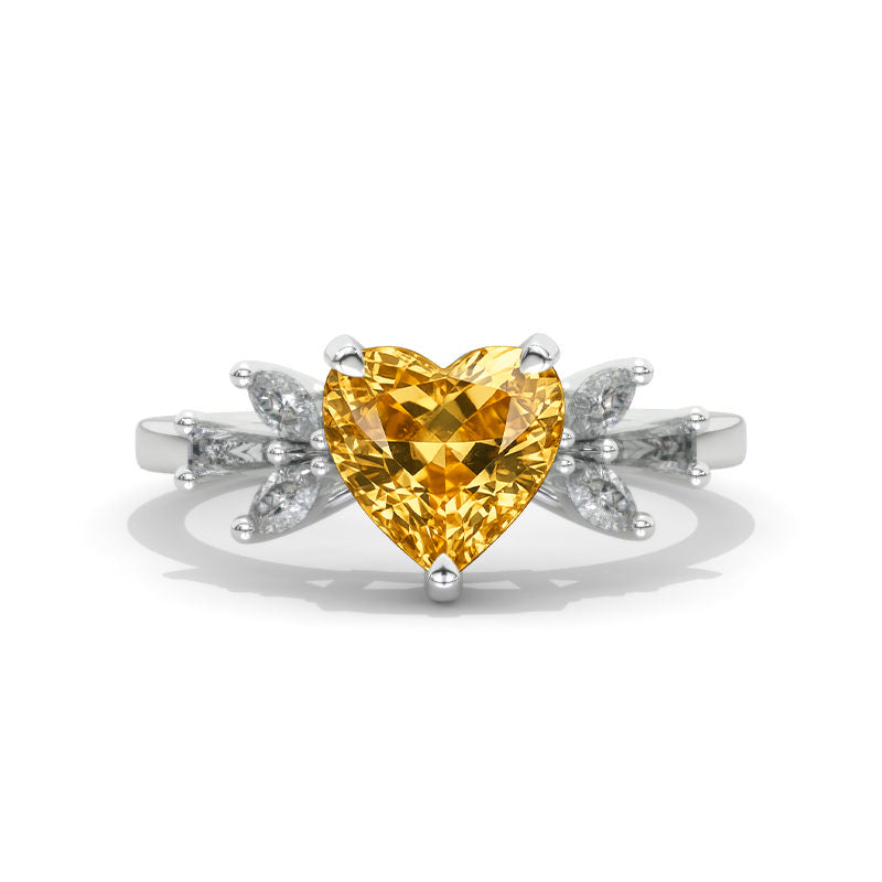 Heart Cluster Halo Genuine Yellow Citrine 14K Gold Engagement Ring Model 849