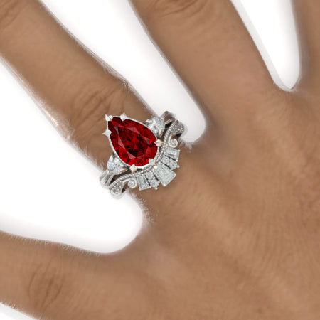 3CT Pear Shape Ruby Engagement Ring Set, White Gold, Halo Vintage Ruby Band, V Band Vintage Anniversary Ring Set