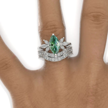2Ct Marquise Cut Green Moissanite Vintage Engagement Ring, Marquise Engagement Ring, Marquise Side Accents Stones 14K White Gold Ring Set