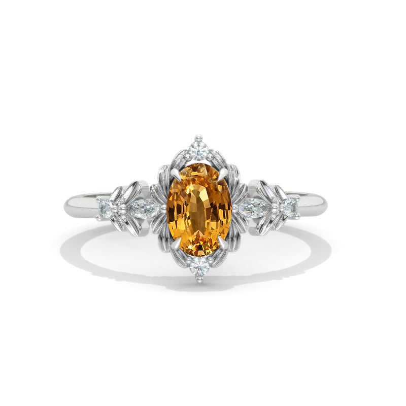 1 Carat Oval Cut Floral  Genuine Yellow Citrine White Gold Engagement Ring Model 1212-7x5