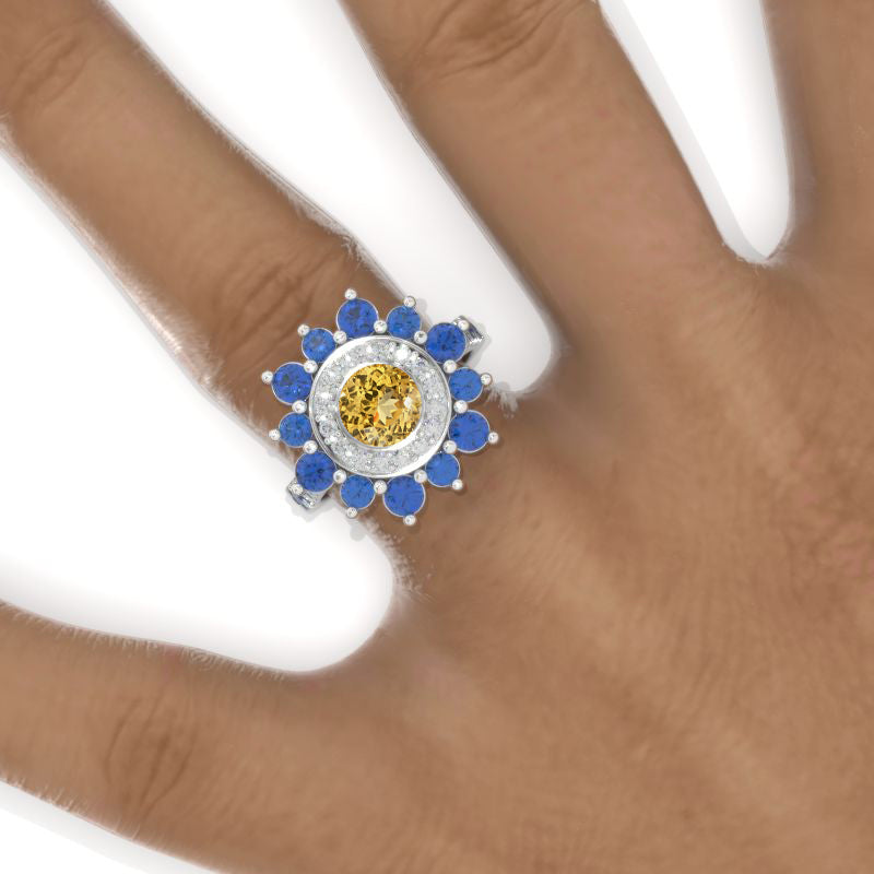 Sapphire Double Halo Genuine Yellow Citrine Cluster Ring Model 1128