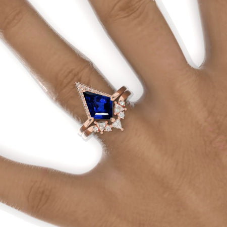 2.5 Carat Kite Royal Blue Sapphire Engagement Ring. 2.5CT Fancy Kite Shape Royal Blue Sapphire Ring Set
