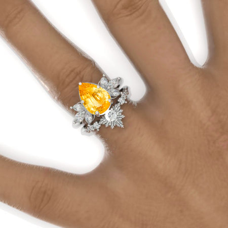 3 Carat Pear Genuine Yellow Citrine Halo Floral  Engagement Ring 14K White Gold Ring Set Model 964-11x7mm