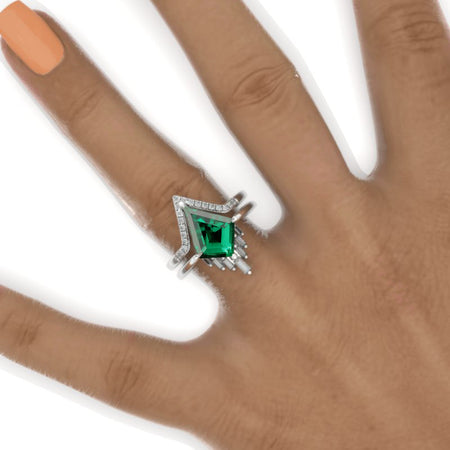 2.5 Carat Kite Emerald Halo 14K White Gold Engagement Ring, Eternity Ring Set Model 416-12x8 