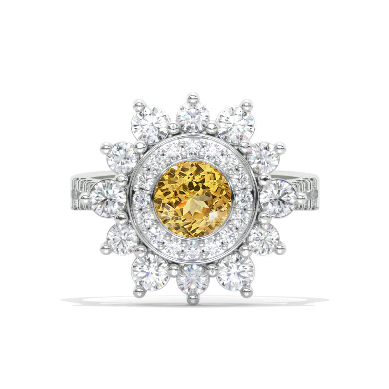 Double Halo Genuine Yellow Citrine Cluster Ring Model 1128