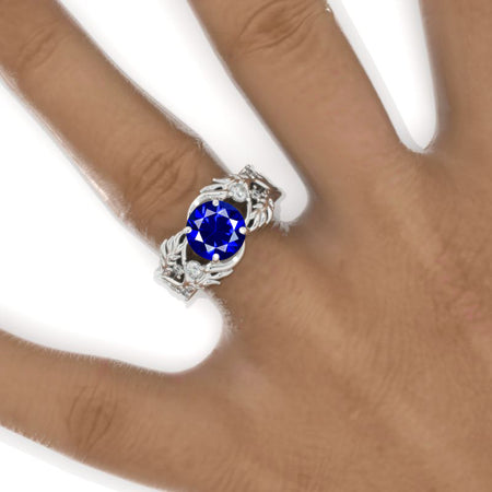 2 Carat Royal Blue Sapphire Floral Twig 14K White Gold Engagement Ring