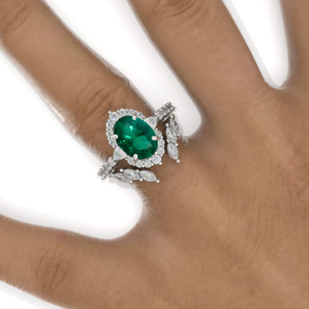 3 Carat Oval Emerald Halo Engagement Ring Eternity Ring Set