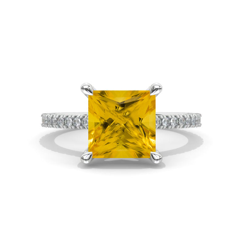 1.5 Carat Princess Cut Genuine Yellow Citrine Hidden Halo Gold Engagement Ring Model 513-6x6