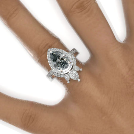 3 Carat Pear Gray Moissanite Halo Engagement Ring 14K White Gold Ring Set