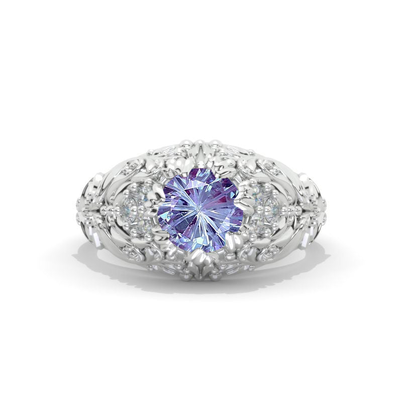 7mm Round Fireworks Cut Alexandrite Floral Victorian Style  Engagement Ring