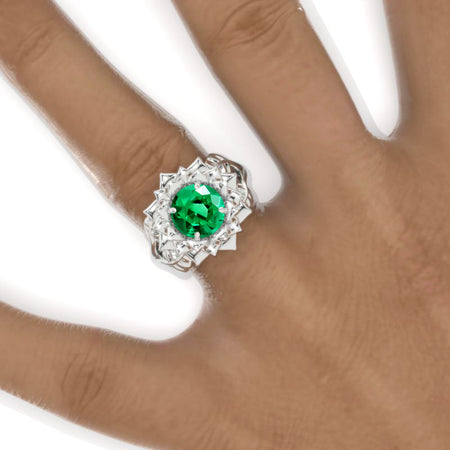 2 Carat Emerald Floral Halo Twig White Gold Engagement Ring