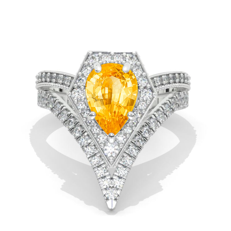 3 Carat Pear Halo Genuine Yellow Citrine Engagement 14K White Gold  Ring Eternity Ring Set Model-1144
