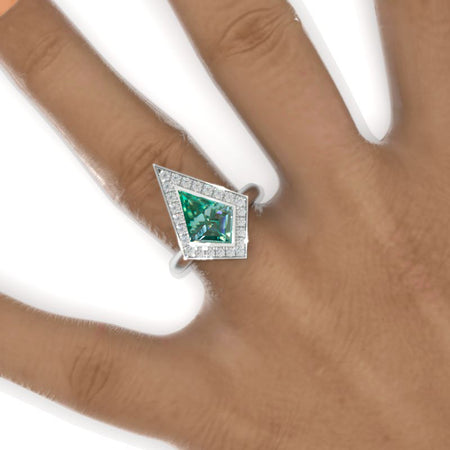 2.5 Carat Kite Green Moissanite Halo Engagement Ring. 2.5CT Fancy Shape Bezel Green Moissanite Ring Model 935-12x8