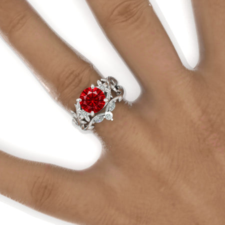 2 Carat  Floral Celtic Ruby Engagement Ring Twig Floral Set