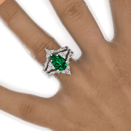 3 Carat Pear Floral Engagement 14K White Gold  Ring Eternity Ring Set Model 883-11x7