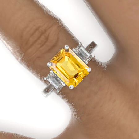 3 Carat Emerald Cut Yellow Sapphire Three-Stone  Engagement Ring Model 702-9x7mm
