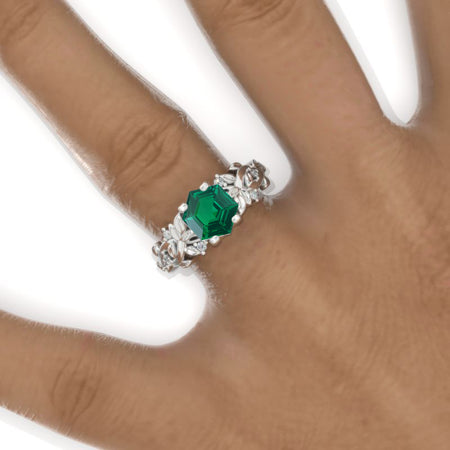 3 Carat Hexagon Emerald Floral 14K White Gold Engagement Ring Model 821-8x7