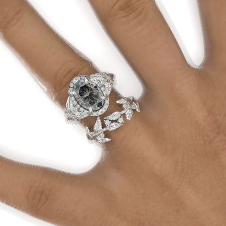 2 Carat Oval Gray Moissanite Halo Floral Engagement Ring Eternity Ring Set