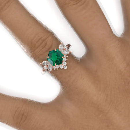3 Carat Hexagon Emerald Cluster Halo 14K White Gold Engagement Ring