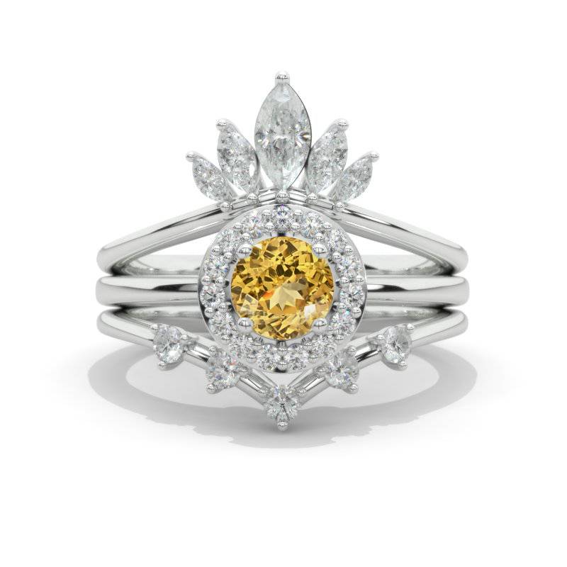 Genuine Yellow Citrine Halo Gold Engagement Ring Model 409