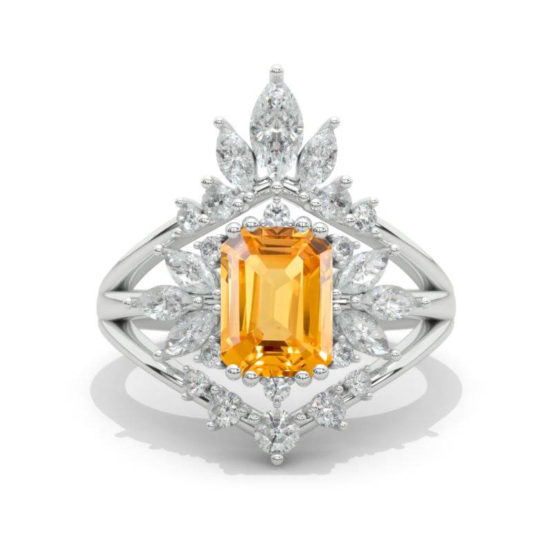 2 Carat Genuine Yellow Citrine Emerald Cut Halo White Gold Engagement Ring Model 410
