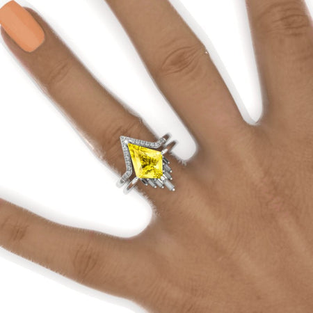 2.5 Carat Kite Yellow Sapphire Halo 14K White Gold Engagement Ring, Eternity Ring Set Model 416-12x8