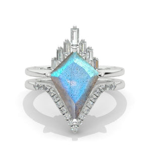 2.5 Carat Kite Labradorite Halo 14K White Gold Engagement Ring, Eternity Ring Set