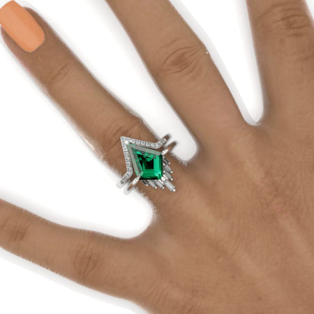 1.5 Carat Kite Emerald Halo 14K White Gold Engagement Ring, Eternity Ring Set