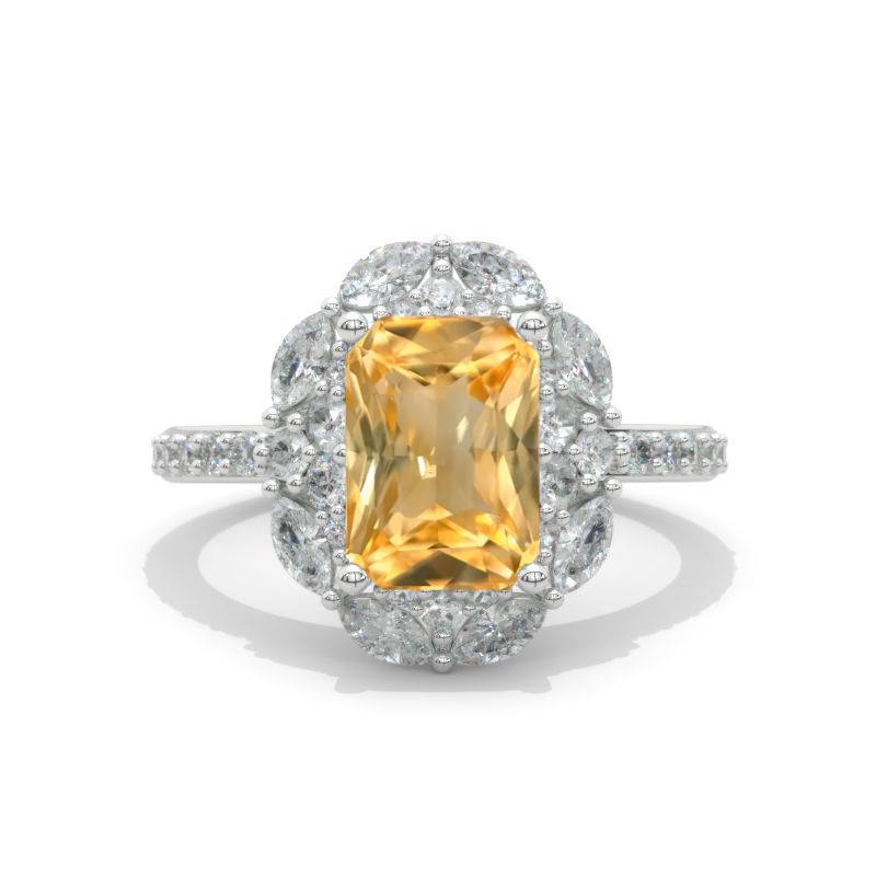 2 Carat Genuine Yellow Citrine Radiant Cut Halo White Gold Engagement  Ring Model 426