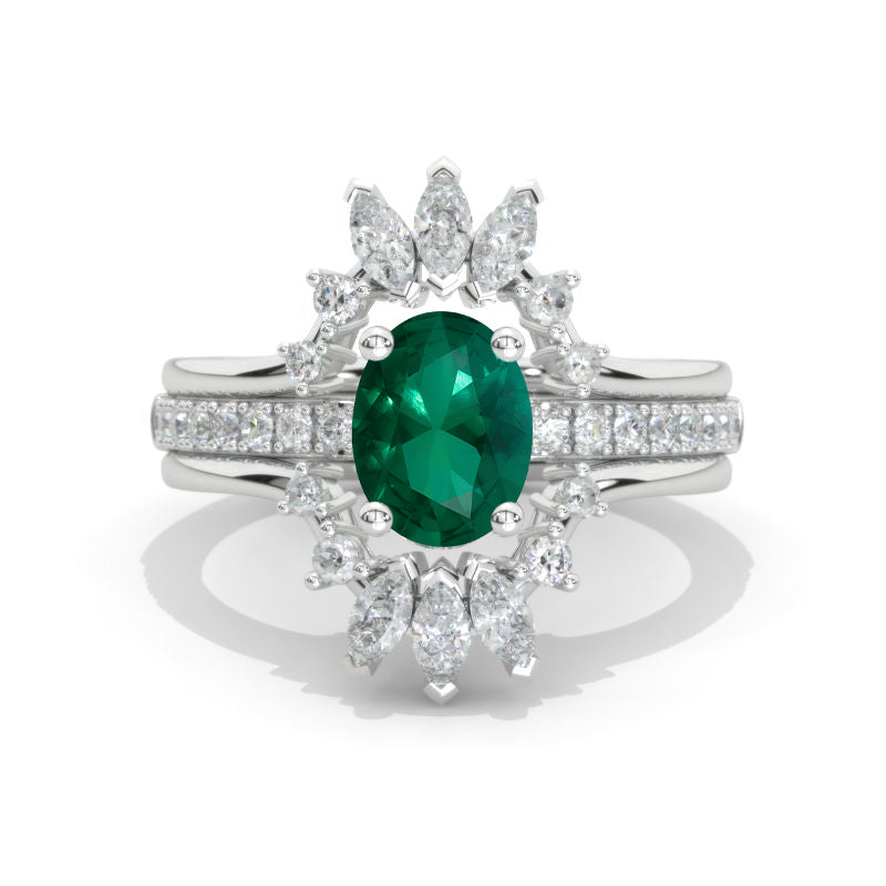 14K White Gold Oval Emerald Halo Engagement Ring Two Eternity Rings Set Model 455