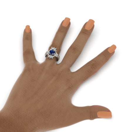 14K White Gold Oval Royal Blue Sapphire Halo Engagement Ring Two Eternity Rings Set