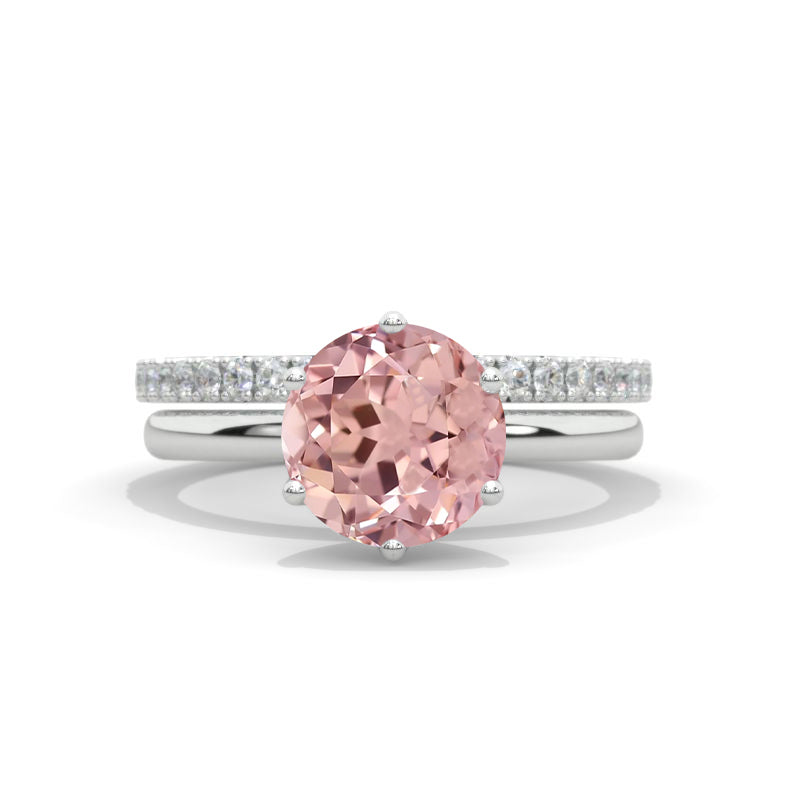 14K White Gold 2 Carat Round Peach Sapphire Floral Engagement Ring, Eternity Ring Set Model 458