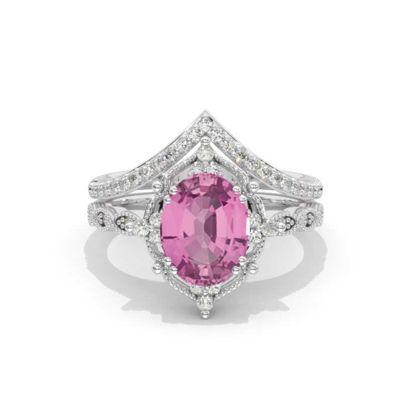 14K Rose Gold Ring 2CT Oval Vintage Wedding Ring, Oval Pink Sapphire Halo Engagement Ring Set