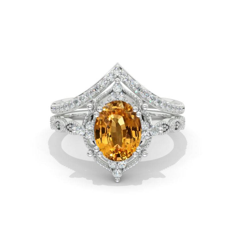 14K White Gold 2 Carat Oval Genuine Yellow Citrine Halo Vintage Engagement Ring, Eternity Ring Set Model 474-9x7 - Handmade engagement ring