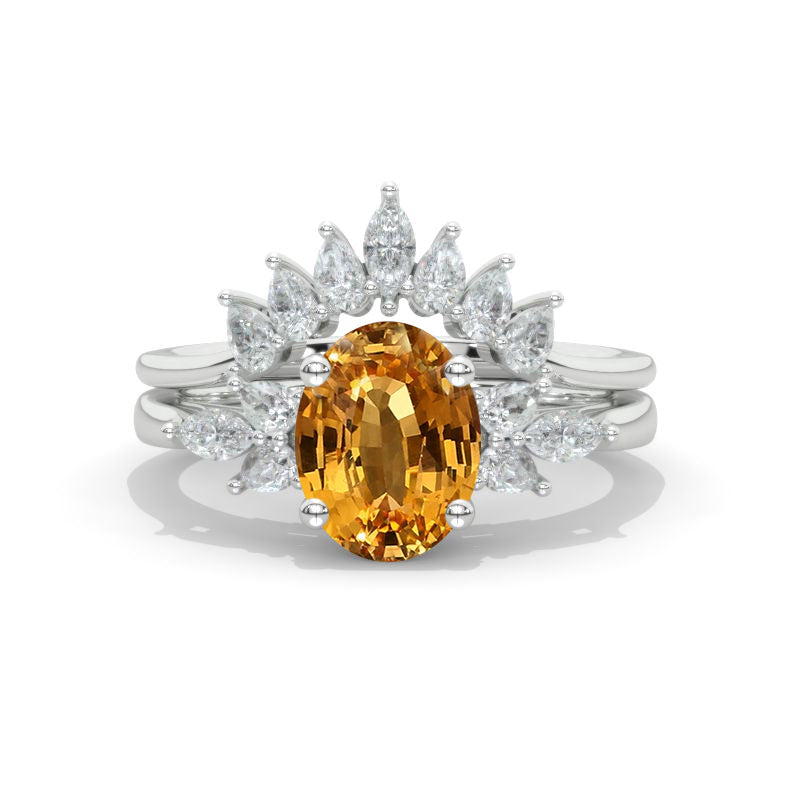 14K White Gold 2.5 Carat Oval Genuine Yellow Citrine Halo Engagement Ring, Eternity Ring Set Model 525-9x7mm
