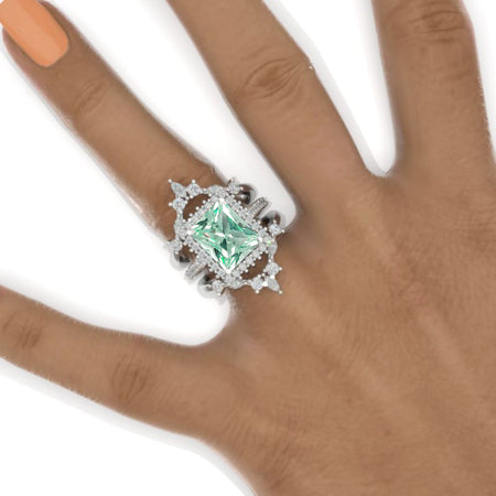11x9mm Vintage Style Nicely Crafted Halo Radiant Cut Mint Sapphire White Gold Engagement Ring