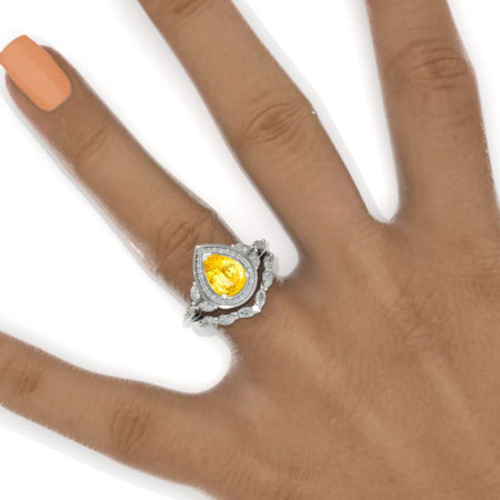 14K White Gold 1.5 Carat Pear Yellow Sapphire Halo Twisted Engagement Ring Eternity Ring Set Model 547
