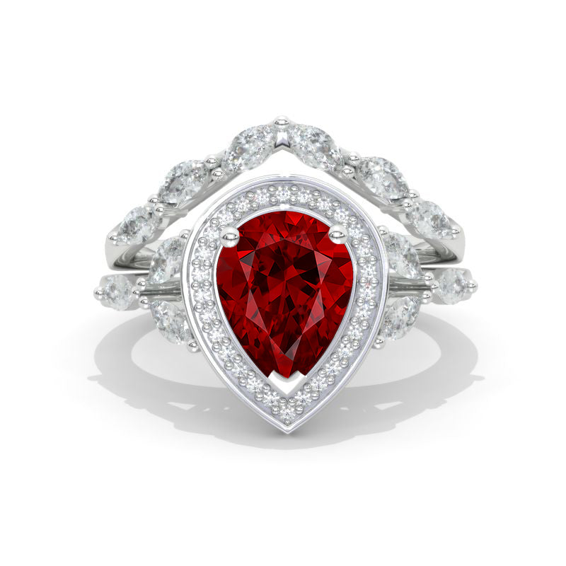 14K White Gold 1.5 Carat Pear Moissanite Halo Twisted Engagement Ring Eternity Ring Set
