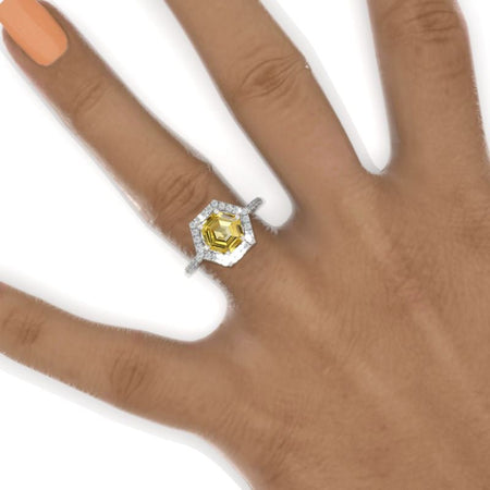 2 Carat Yellow Sapphire Round Cut Hexagon Halo White Gold Engagement  Ring Model 532-8mm