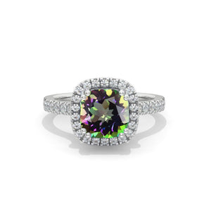 2.5 Carat Cushion Mystic Topaz Halo Engagement Ring. Victorian 14K White Gold Ring