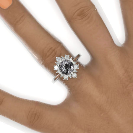 Snowflake Natural Rutilated Quartz Ring. 2.0ct Round Cut Rutilated Quartz Halo Ring. Solid 14K White Gold Ring. Art Deco Engagement Ring. Wedding Ring