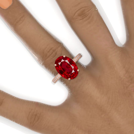10 Carat Oval Cut 14x10mm Ruby Hidden Halo Rose Gold Engagement Ring