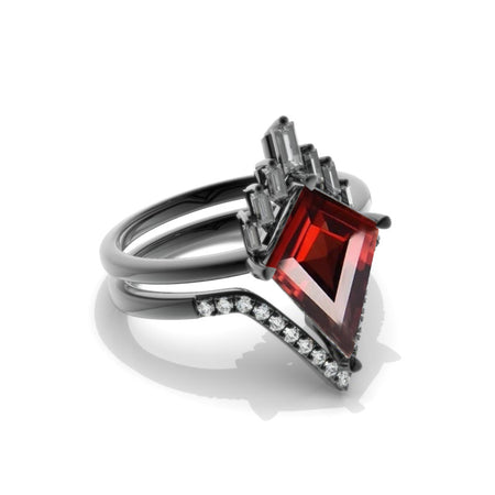 14K Black Gold 4 Carat Kite Ruby Halo Engagement Ring, Eternity Ring Set