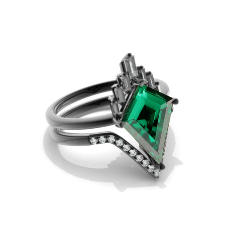 14K Black Gold 4 Carat Kite Emerald Halo Engagement Ring, Eternity Ring Set Model 416-14x10