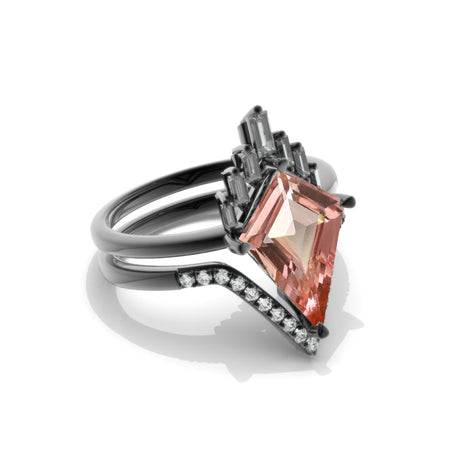 14K Black Gold 4 Carat Kite Peach Sapphire Halo Engagement Ring, Eternity Ring Set Model 416-14x10